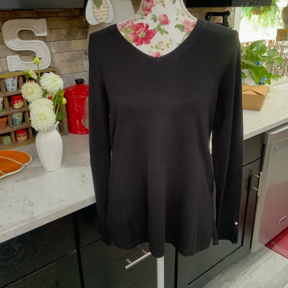 Chico's Women's Medium Sweater Knit V-Neck Long Sleeve Black Embellished Wrists